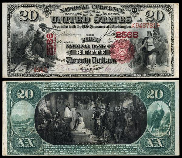 A paper bill with Pocahontas scene on the back.