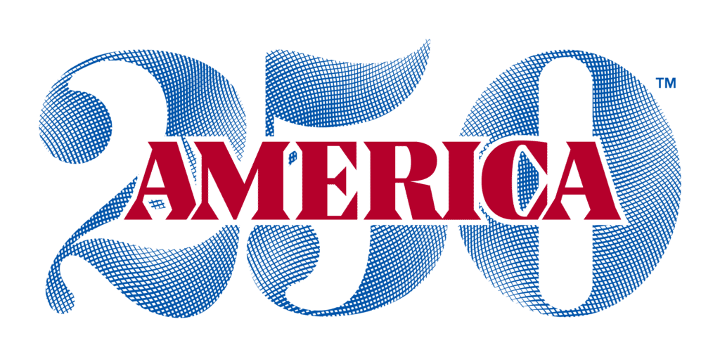 America 250 logo, America is in red font in front of 250 in blue.