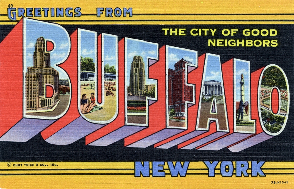 A 1940s style postcard of Buffalo landmarks.