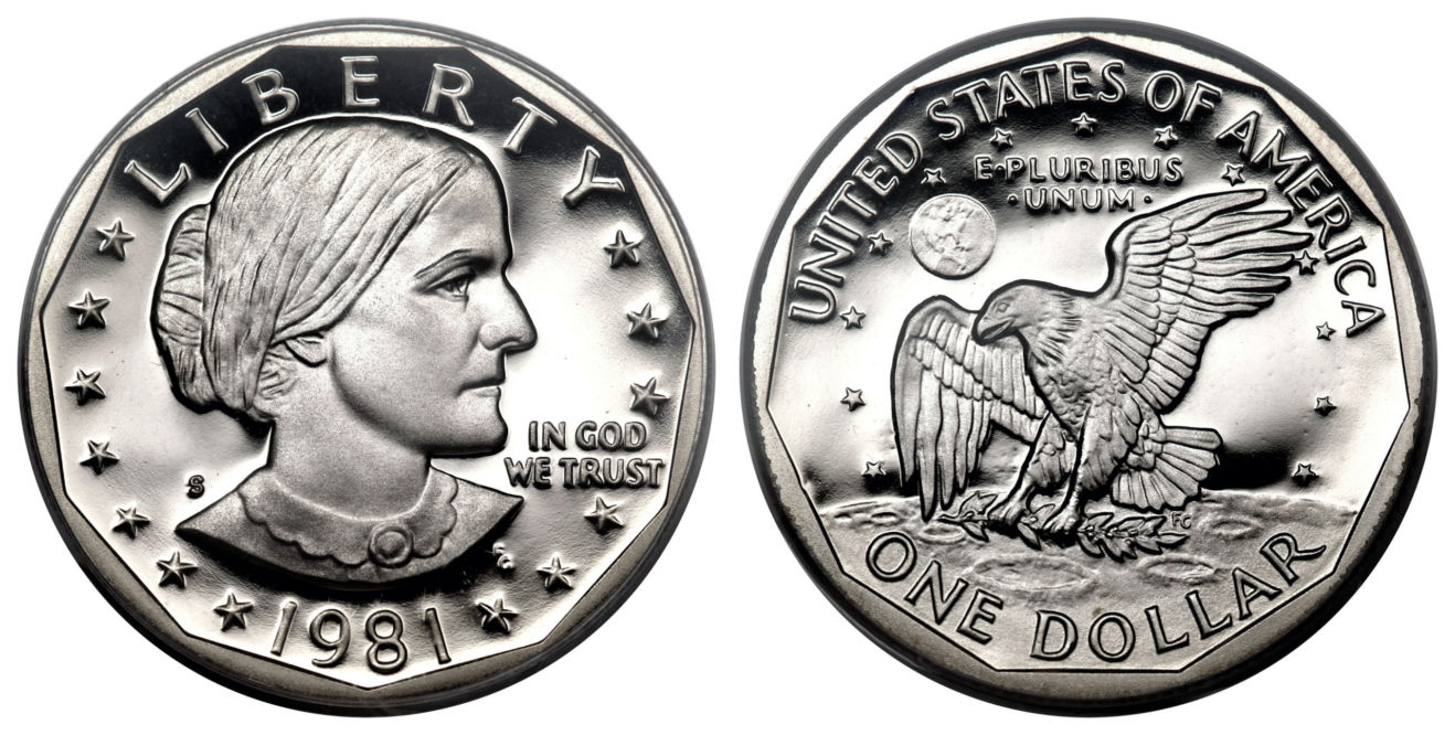 Front and back view of silver dollar with Susan B. Anthony on front and eagle on back.