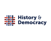 An image of AASLH's History & Democracy Initiative logo, which features the words "History & Democracy" in dark blue next to an icon evoking woven fabric in red, blue, and orange.