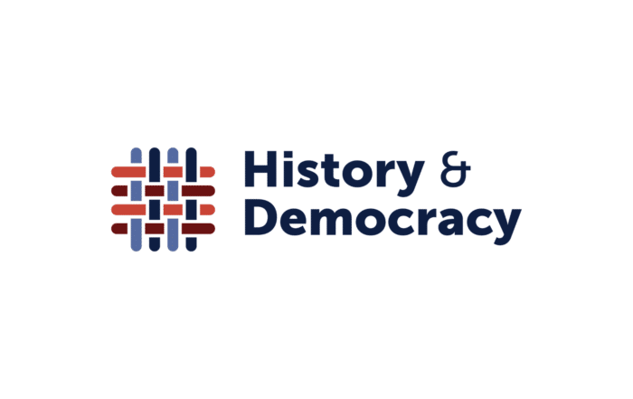 An image of AASLH's History & Democracy Initiative logo, which features the words "History & Democracy" in dark blue next to an icon evoking woven fabric in red, blue, and orange.